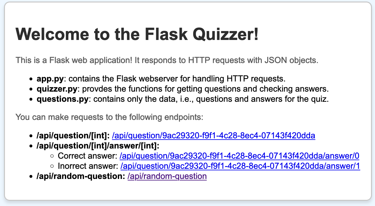 Welcome screen for the Quizzer Flask project