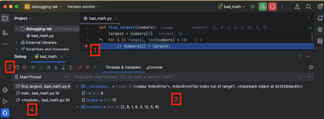 PyCharm debugger screen with exception