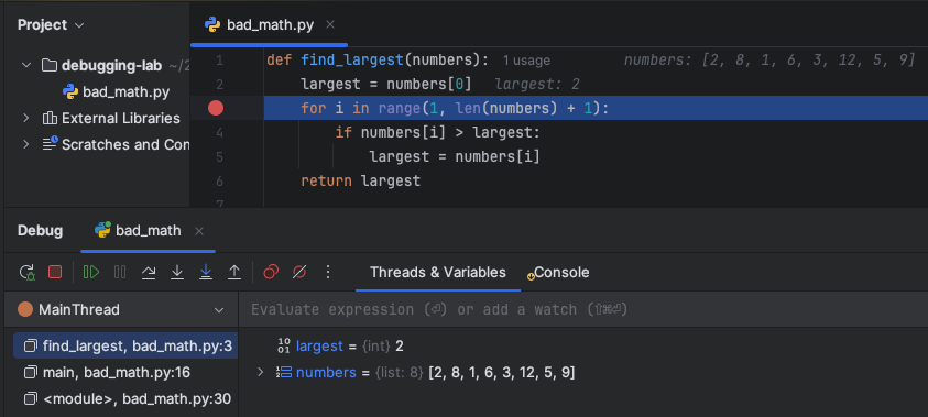 debugger pane showing an initial breakpoint