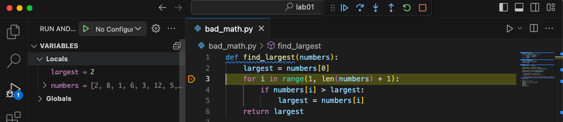 debugger pane showing an initial breakpoint