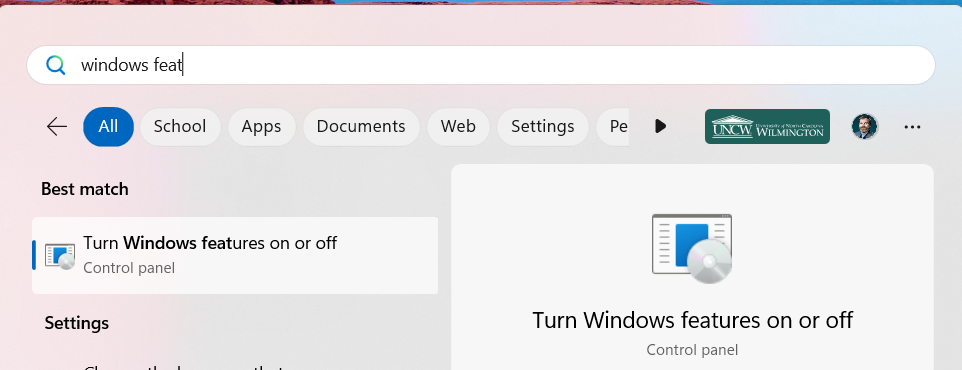Searching for Windows Features options