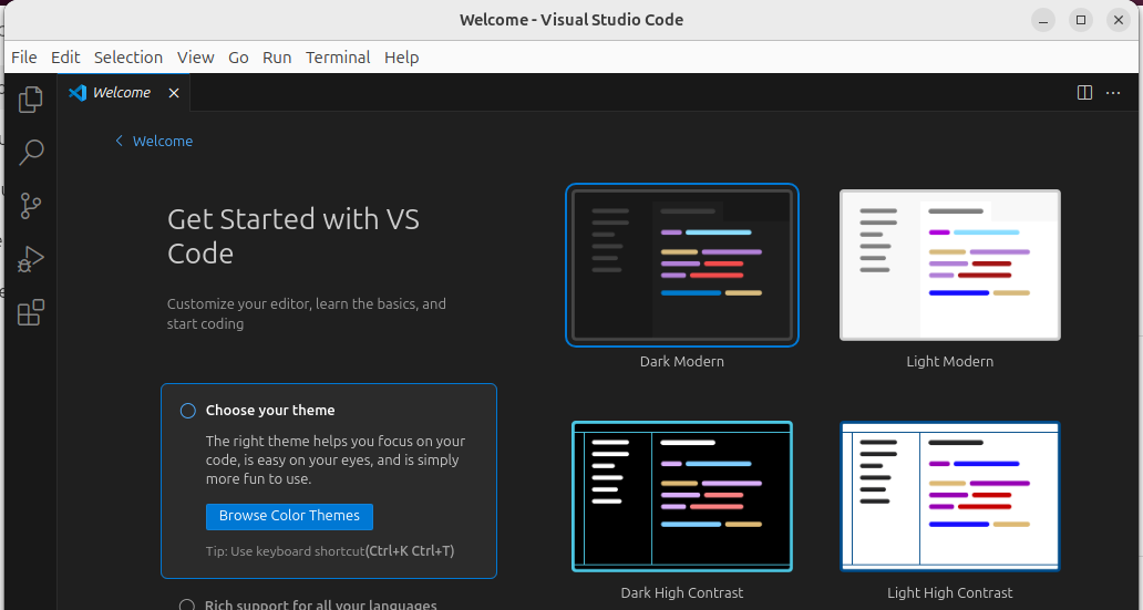 Visual Studio Code welcome screen