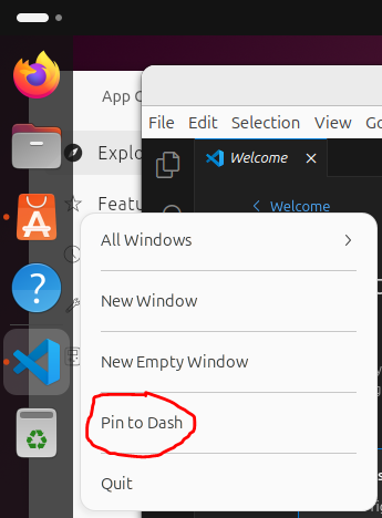 Visual Studio Code pin to Dash