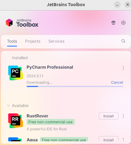 Select and install pycharm