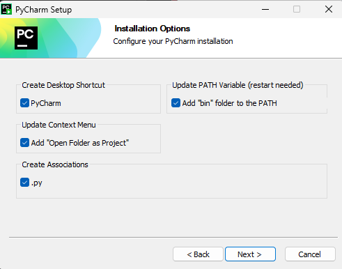 Windows PyCharm installation options
