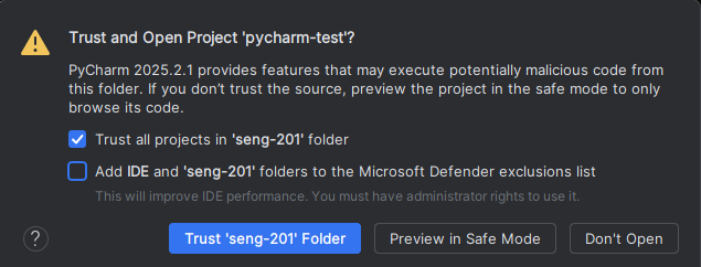 Pop-up from PyCharm asking if you trust the contents of the directory. Pick yes.