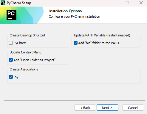 Pycharm installation options on windows