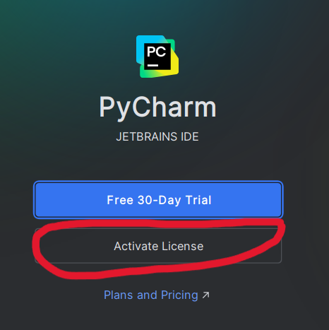 PyCharm license activation prompt