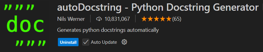 The store page for the autoDocstring extension