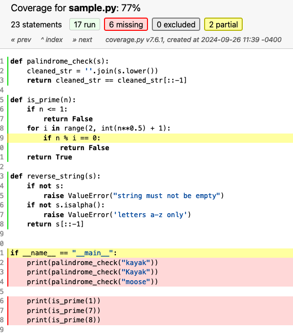 A sample coverage report viewable in a web browser