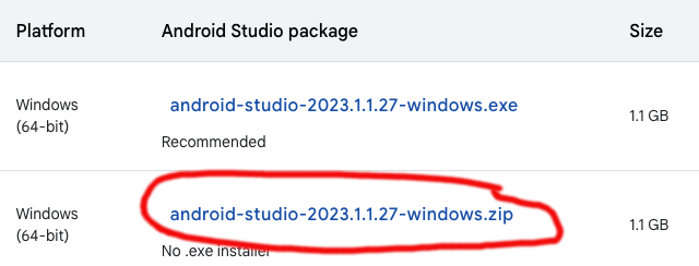 Windows Android studio correct link